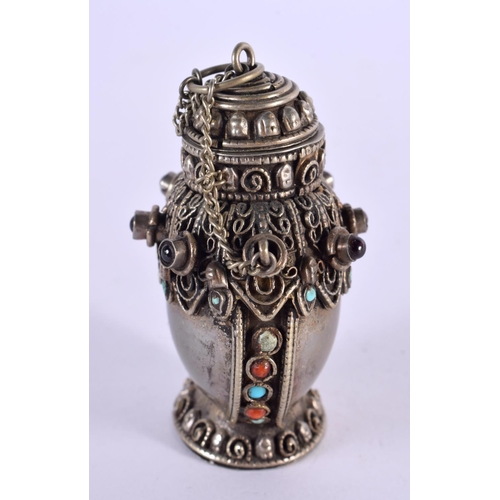 2262 - A 19TH CENTURY CHINESE TIBETAN SILVER SNUFF BOTTLE inset with gems. 44 grams. 6.5 cm x 4.5 cm.