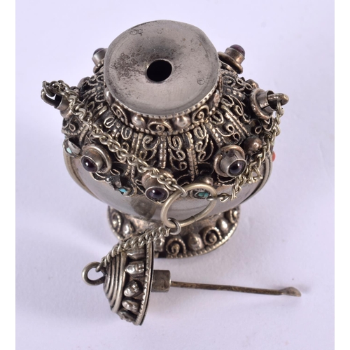 2262 - A 19TH CENTURY CHINESE TIBETAN SILVER SNUFF BOTTLE inset with gems. 44 grams. 6.5 cm x 4.5 cm.