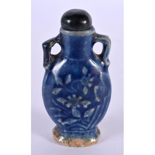 2271 - A 19TH CENTURY CHINESE TWIN HANDLED POTTERY SNUFF BOTTLE Qing, decorated with foliage. 8 cm x 4.5 cm... 