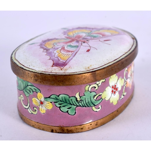 2279 - AN EARLY 20TH CENTURY CHINESE CANTON ENAMEL BOX AND COVER painted with a butterfly. 5.5 cm x 4 cm.