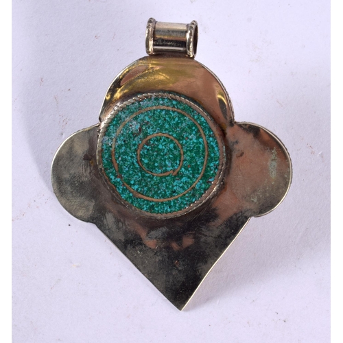 2284 - A TIBETAN SILVER CORAL AND TURQUOISE PENDANT. 51 grams. 8 cm x 6.5 cm.