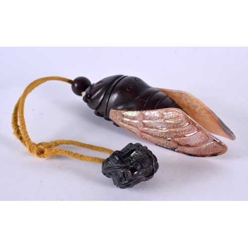 2313 - A JAPANESE CARVED BOXWOOD AND MOTHER OF PEARL FLY INRO. 11 cm x 4 cm.