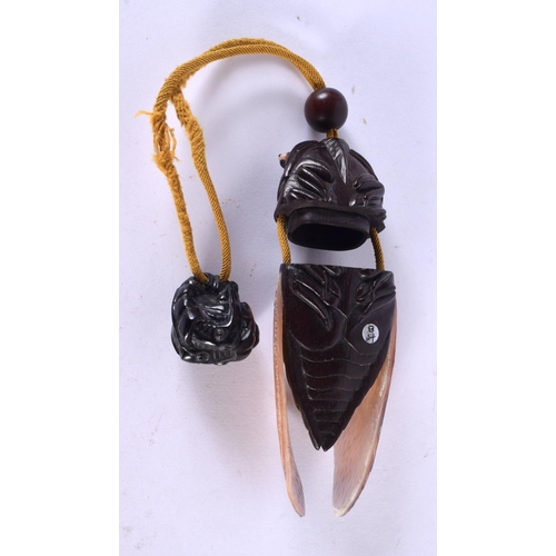 2313 - A JAPANESE CARVED BOXWOOD AND MOTHER OF PEARL FLY INRO. 11 cm x 4 cm.