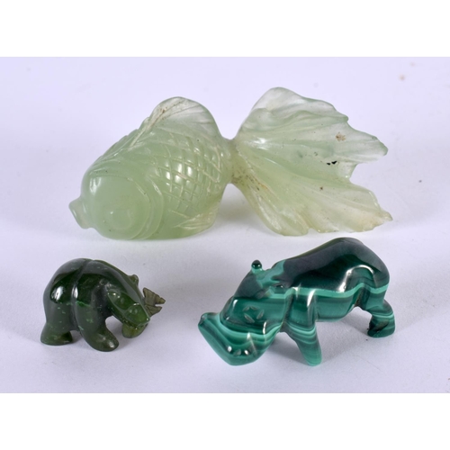 2327 - A CHINESE CARVED JADE FIGURE OF A FISH 20th Century, together with a malachite figure & another. Lar... 