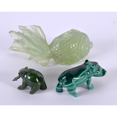 2327 - A CHINESE CARVED JADE FIGURE OF A FISH 20th Century, together with a malachite figure & another. Lar... 