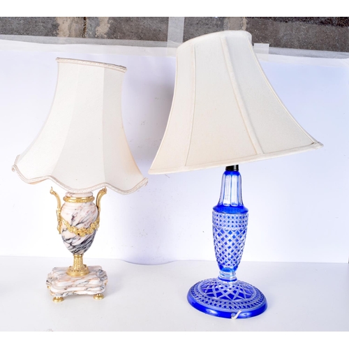 3469 - A Bohemian glass lampstand  together with a marble based lampshade. 60 cm (2).