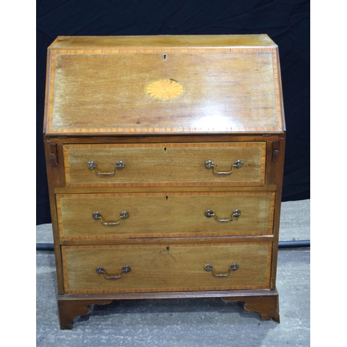 3485 - An Antique 3 drawer mahogany bureau with inlaid top 98 x 76 x 43 cm.