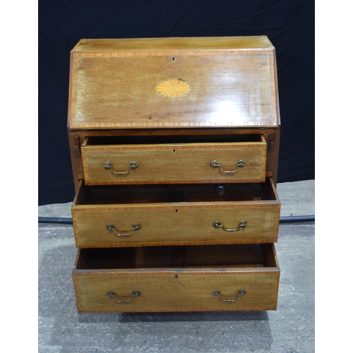 3485 - An Antique 3 drawer mahogany bureau with inlaid top 98 x 76 x 43 cm.