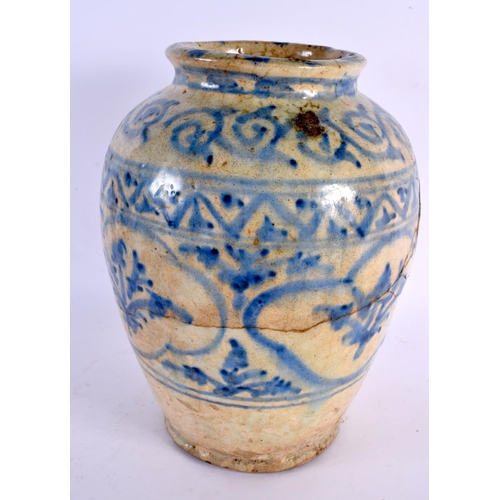 101 - A LARGE 19TH CENTURY PERSIAN BLUE AND WHITE POTTERY VASE together with a smaller flask. Largest 27 c... 