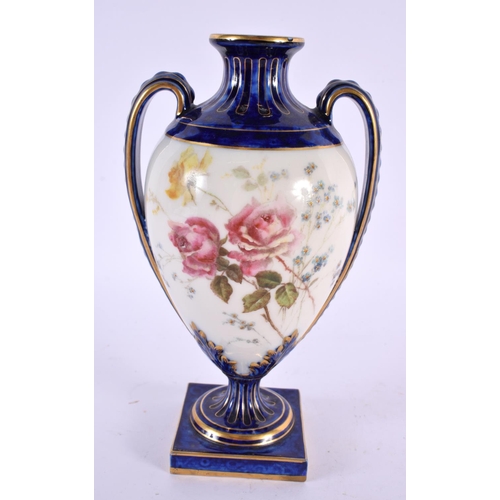 103 - AN ANTIQUE ROYAL WORCESTER TWIN HANDLED PORCELAIN VASE together with a Worcester plate by Hale & a D... 