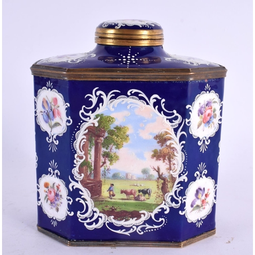 106 - A FINE 18TH CENTURY ENGLISH BATTERSEA BILSTON ENAMEL TEA CADDY AND COVER painted with rural landscap... 