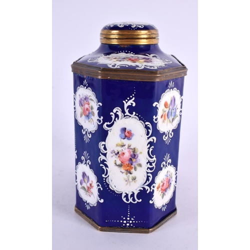 106 - A FINE 18TH CENTURY ENGLISH BATTERSEA BILSTON ENAMEL TEA CADDY AND COVER painted with rural landscap... 