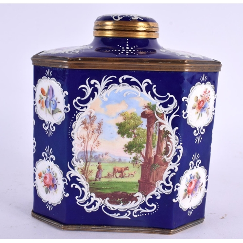 106 - A FINE 18TH CENTURY ENGLISH BATTERSEA BILSTON ENAMEL TEA CADDY AND COVER painted with rural landscap... 