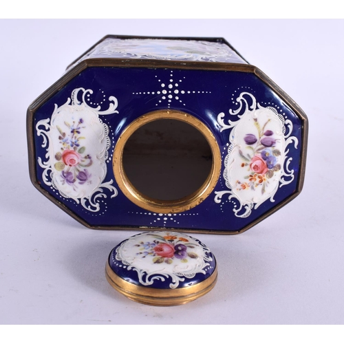 106 - A FINE 18TH CENTURY ENGLISH BATTERSEA BILSTON ENAMEL TEA CADDY AND COVER painted with rural landscap... 