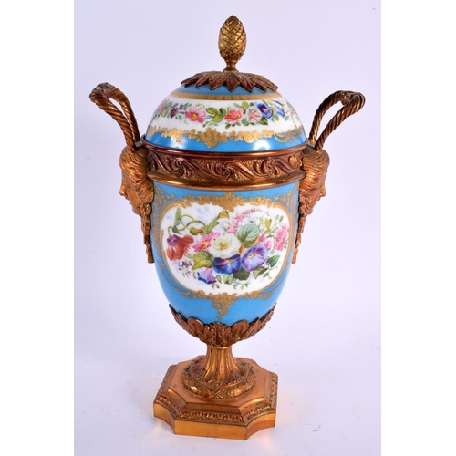 107 - A 19TH CENTURY FRENCH TWIN HANDLED SEVRES STYLE VASE with bronze mounts. 27 cm x 14 cm.