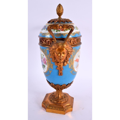 107 - A 19TH CENTURY FRENCH TWIN HANDLED SEVRES STYLE VASE with bronze mounts. 27 cm x 14 cm.