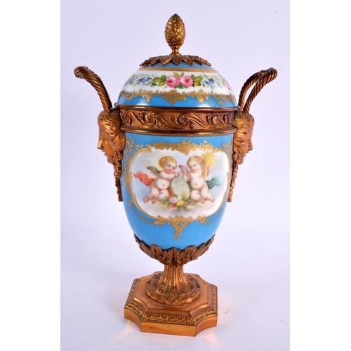 107 - A 19TH CENTURY FRENCH TWIN HANDLED SEVRES STYLE VASE with bronze mounts. 27 cm x 14 cm.