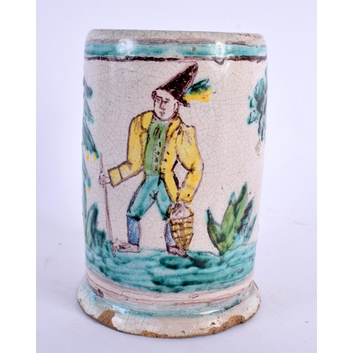 110 - A PAIR OF 19TH CENTURY CREAMWARE PAINTED PLATES together with a faience mug. Largest 21.5 cm diamete... 