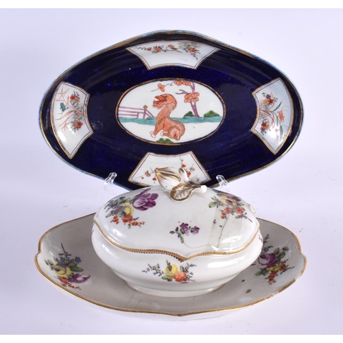 114 - AN 18TH CENTURY GERMAN PORCELAIN SAUCE TUREEN AND COVER together with an English powder blue dish C1... 