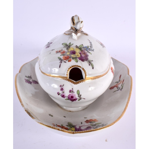 114 - AN 18TH CENTURY GERMAN PORCELAIN SAUCE TUREEN AND COVER together with an English powder blue dish C1... 