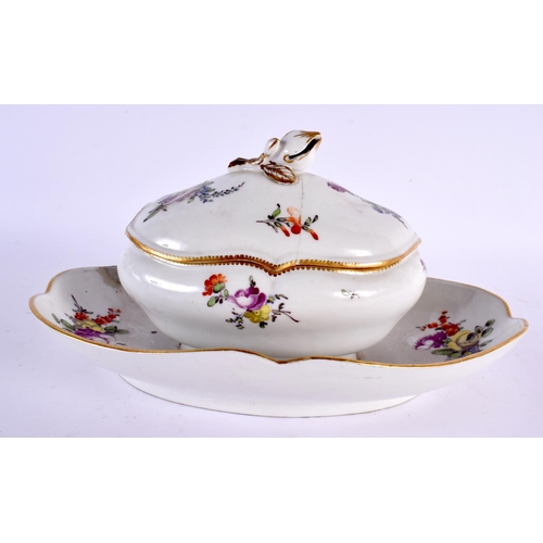 114 - AN 18TH CENTURY GERMAN PORCELAIN SAUCE TUREEN AND COVER together with an English powder blue dish C1... 