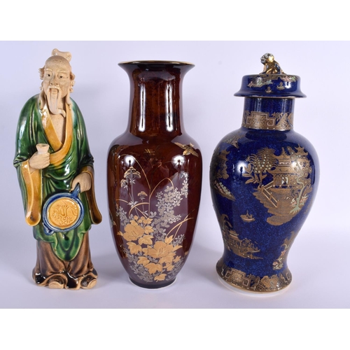 118 - AN ART DECO CARLTONWARE VASE AND COVER together with a Sancai figure & another. Largest 28 cm high. ... 