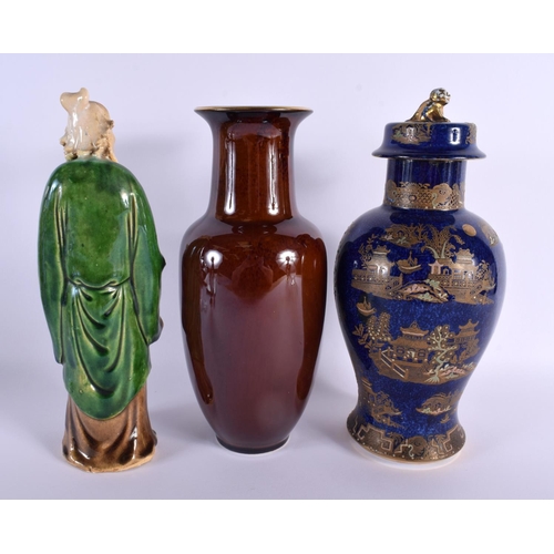 118 - AN ART DECO CARLTONWARE VASE AND COVER together with a Sancai figure & another. Largest 28 cm high. ... 