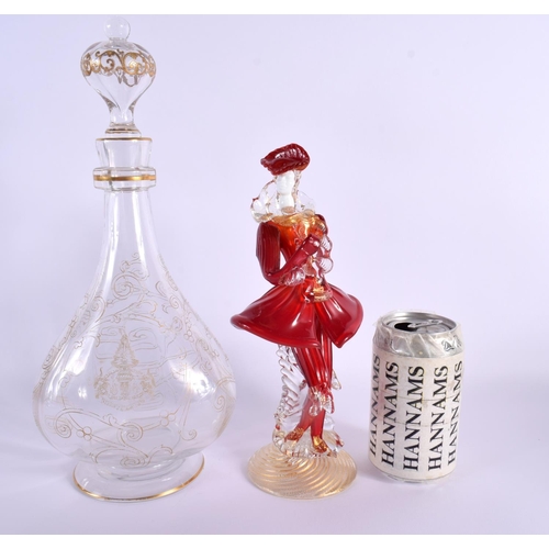 122 - A VINTAGE MURANO GLASS FIGURE together with a glass decanter and stopper. Largest 32 cm high. (2)