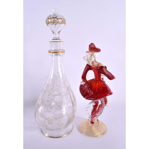 122 - A VINTAGE MURANO GLASS FIGURE together with a glass decanter and stopper. Largest 32 cm high. (2)