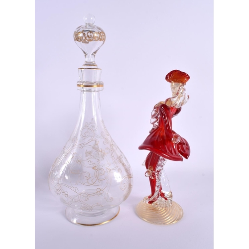 122 - A VINTAGE MURANO GLASS FIGURE together with a glass decanter and stopper. Largest 32 cm high. (2)