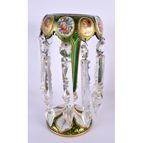 127 - A 19TH CENTURY BOHEMIAN GREEN GLASS TABLE LUSTRE. 27 cm x 12 cm.