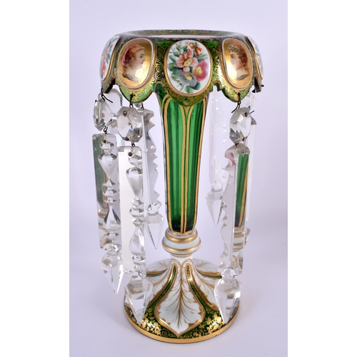 127 - A 19TH CENTURY BOHEMIAN GREEN GLASS TABLE LUSTRE. 27 cm x 12 cm.