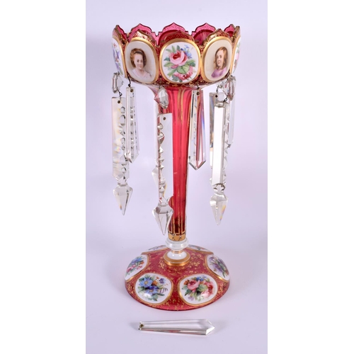 128 - A 19TH CENTURY BOHEMIAN RUBY GLASS TABLE LUSTRE. 34 cm x 12 cm.