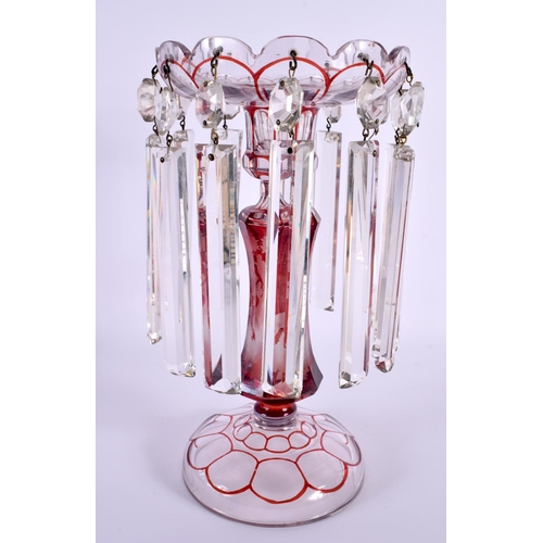 129 - A 19TH CENTURY BOHEMIAN RUBY AND CLEAR GLASS STAG TABLE LUSTRE. 27 cm x 14 cm.