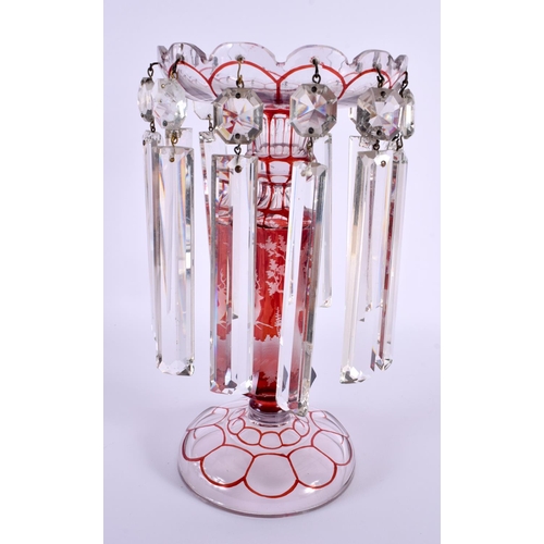 129 - A 19TH CENTURY BOHEMIAN RUBY AND CLEAR GLASS STAG TABLE LUSTRE. 27 cm x 14 cm.