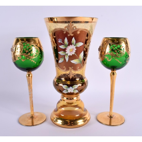 130 - A CZECH BOHEMIAN GLASS VASE together with two glasses. Largest 25 cm high. (3)