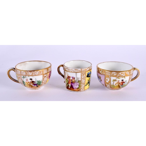 131 - AN ANTIQUE VIENNA PORCELAIN DISH together with three miniature cups and saucers. (7)