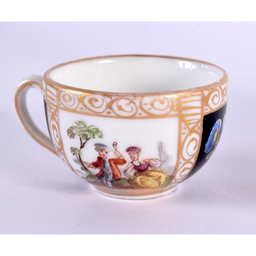 138 - A MINIATURE 19TH CENTURY GERMAN AUGUSTUS REX PORCELAIN CUP AND SAUCER. 7.5 cm diameter. (2)