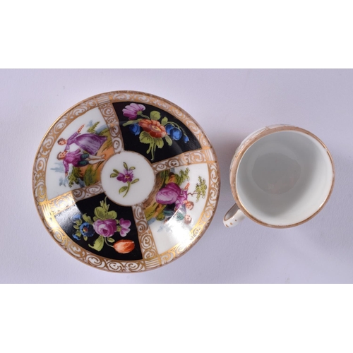 138 - A MINIATURE 19TH CENTURY GERMAN AUGUSTUS REX PORCELAIN CUP AND SAUCER. 7.5 cm diameter. (2)