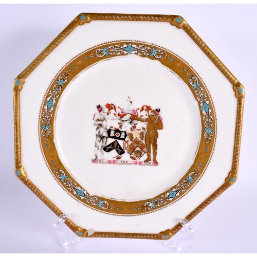 140 - A RARE 19TH CENTURY ROYAL WORCESTER ARMORIAL PORCELAIN PLATE together with a similar aesthetic movem... 