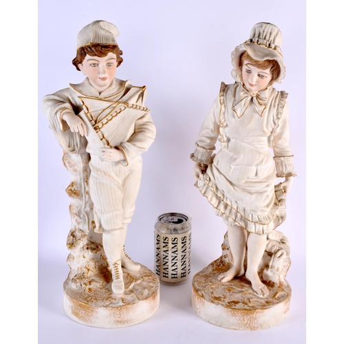 148 - A LARGE PAIR OF 19TH CENTURY CONTINENTAL BISQUE PORCELAIN FIGURES modelled as a boy and girl. 45 cm ... 