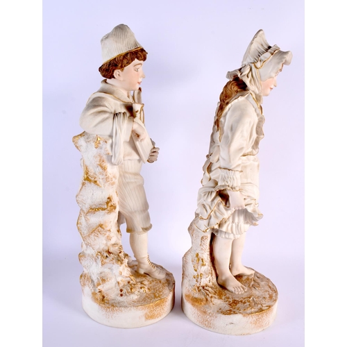 148 - A LARGE PAIR OF 19TH CENTURY CONTINENTAL BISQUE PORCELAIN FIGURES modelled as a boy and girl. 45 cm ... 