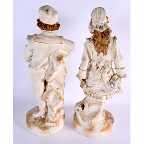 148 - A LARGE PAIR OF 19TH CENTURY CONTINENTAL BISQUE PORCELAIN FIGURES modelled as a boy and girl. 45 cm ... 