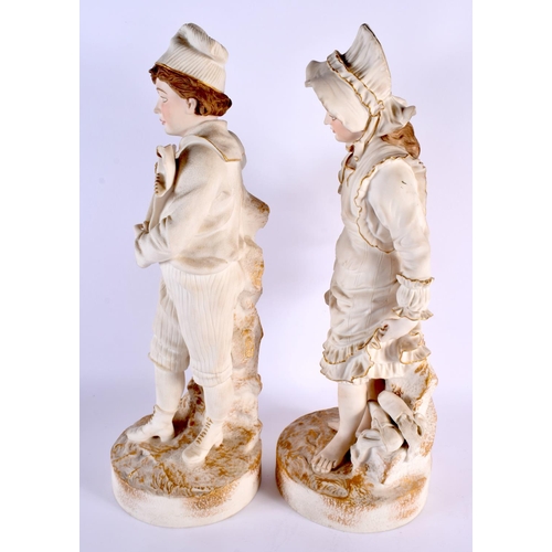 148 - A LARGE PAIR OF 19TH CENTURY CONTINENTAL BISQUE PORCELAIN FIGURES modelled as a boy and girl. 45 cm ... 