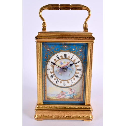 149 - A FINE 19TH CENTURY SEVRES PORCELAIN REPEATING CARRIAGE CLOCK painted with landscapes and figures. 1... 