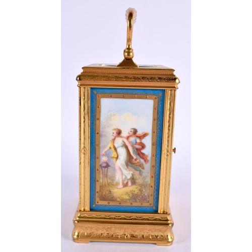 149 - A FINE 19TH CENTURY SEVRES PORCELAIN REPEATING CARRIAGE CLOCK painted with landscapes and figures. 1... 