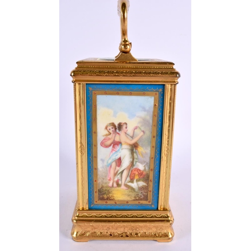 149 - A FINE 19TH CENTURY SEVRES PORCELAIN REPEATING CARRIAGE CLOCK painted with landscapes and figures. 1... 