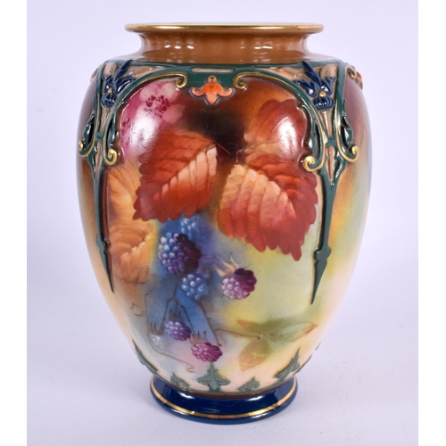 151 - A ROYAL WORCESTER FRUIT AND BERRY PAINTED PORCELAIN VASE upon a moulded body. 14 cm x 9 cm.