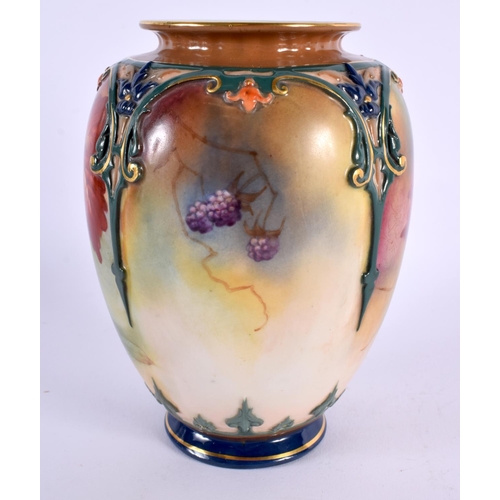 151 - A ROYAL WORCESTER FRUIT AND BERRY PAINTED PORCELAIN VASE upon a moulded body. 14 cm x 9 cm.