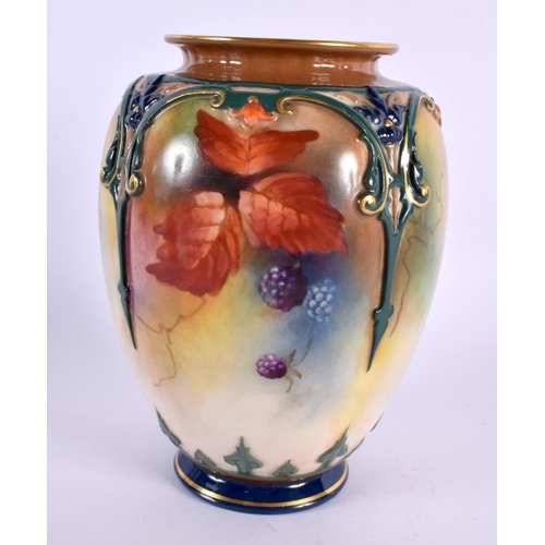 151 - A ROYAL WORCESTER FRUIT AND BERRY PAINTED PORCELAIN VASE upon a moulded body. 14 cm x 9 cm.